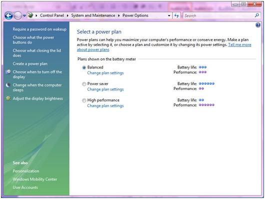 Computer Power Settings Vista