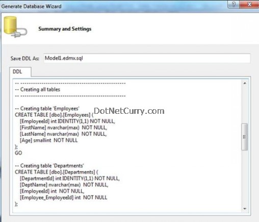 EF Generate Db Wizard DDL
