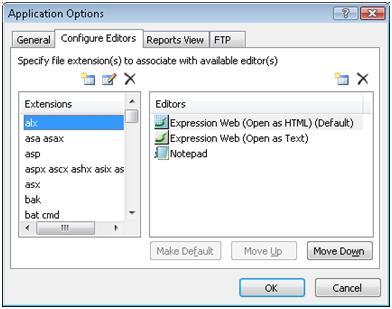 Expression Web Application Options - Configure Editors tab