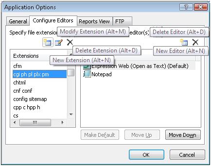 Expression Web Configure Editors Option buttons