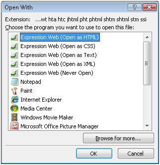 Expression Web Open With dialog box (New Editor)