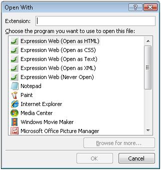 Expression Web Open With dialog box (New Extension)