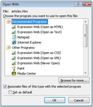 Expression Web Open With dialog box