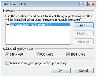 Expression Web Edit Browser List dialog box