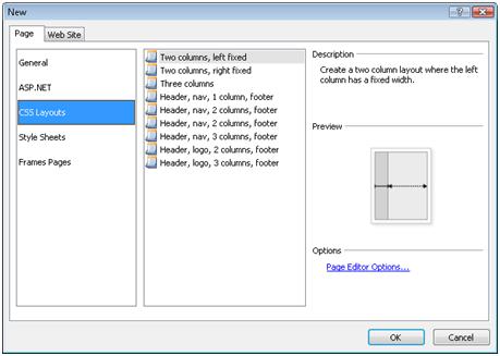 ExpressionWeb New Page dialog box