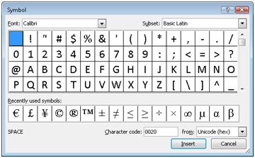 Expression Web Symbol Dialog box