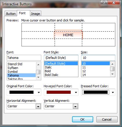 Interactive Buttons - Font tab