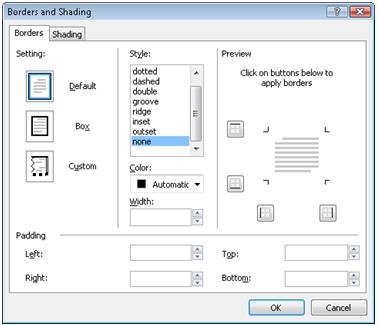 ExpressionWeb Border and Shading dialog box
