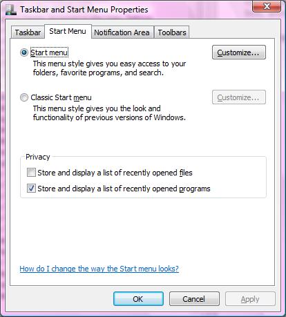 Taskbar Start Menu Properties